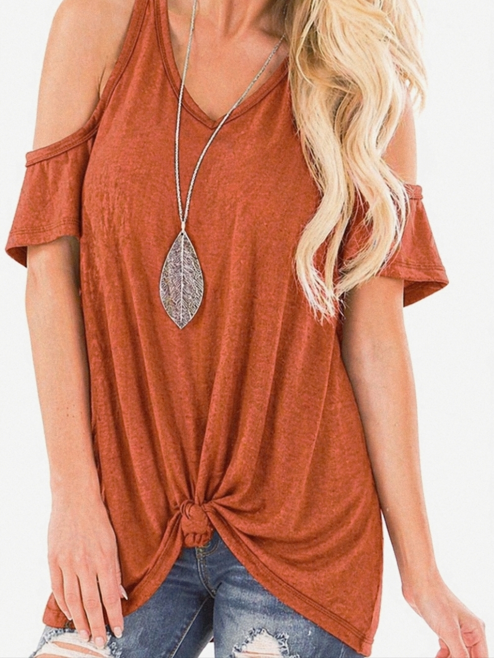 Bobeau Rust Color Knot-Front Cold Shoulder Short Sleeve Top Sz Med